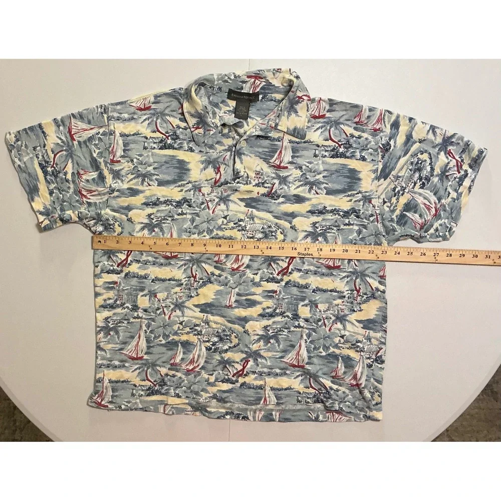 VTG 90s Banana Republic AOP lue Nautical Sailboat Cotton Pique Polo Mens L‎